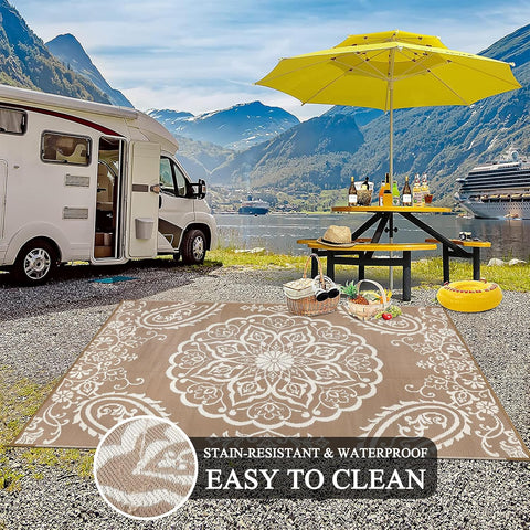 Pauwer Outdoor Rug 6x9, Waterproof Plastic Straw Camping Rug, Boho Brown