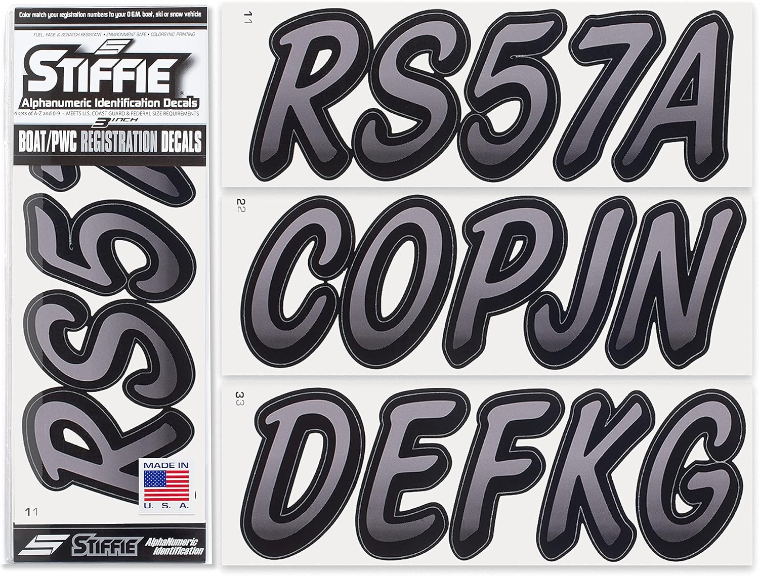 STIFFIE Whipline Gunmetal/Black 3" Boat & PWC Registration Decals • Numbers Letters Stickers