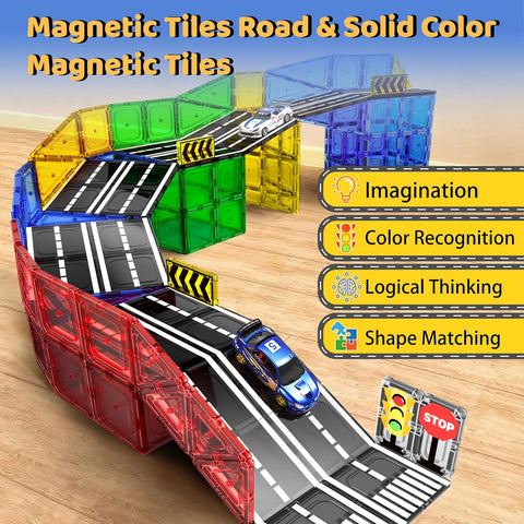 Magnetic Tiles - Road Set, Magnetic Building Blocks, Preschool Montessori Toys Gift for 3+ Year Old Boys and Girls, Sensory Christmas Toys for Kids Aged 3-5 and 4-8, Ideas for Kid with Autism