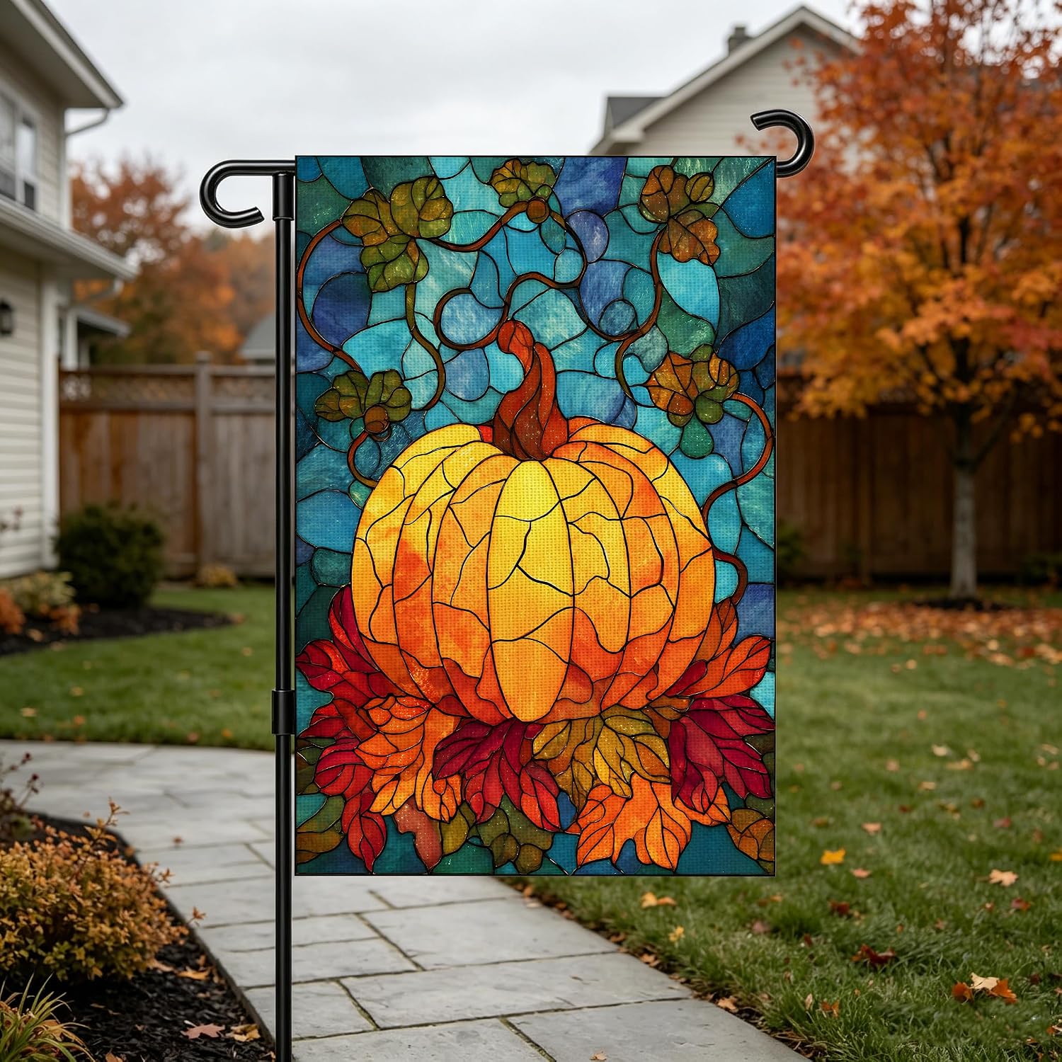 Fall Garden Flag 12x18 Inch for Outside Double Sided Fall Decorations Outdoor Yard Sign Stained Glass Pumpkin Maple Leaf Banner for Thanksgiving Autumn Decor