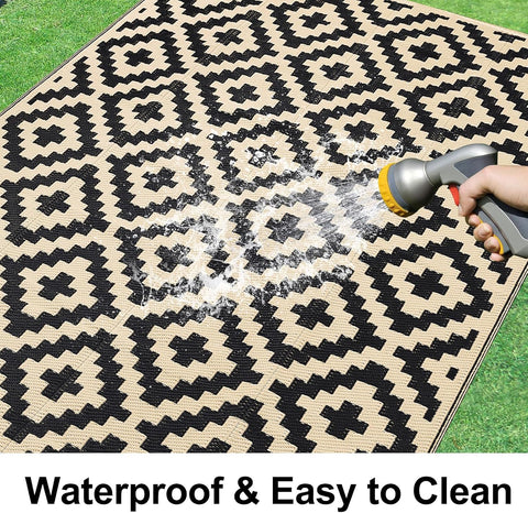 Smiry Outdoor Rug 5x8 ft Waterproof Reversible Boho Mat, Black & Beige