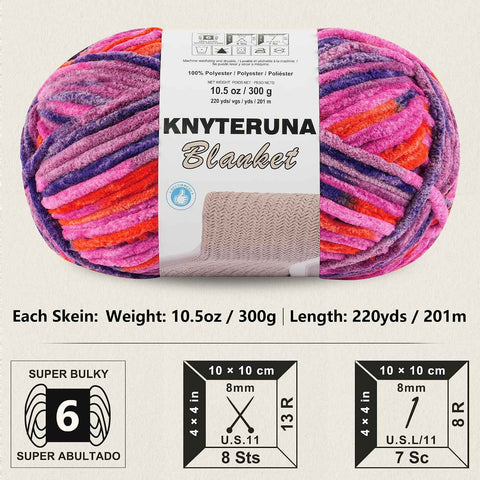 #6 Super Bulky Blanket Yarn for Crocheting - 4 Skeins(Each 10.5oz/300g, 220yds/201m), Chunky Chenille Thick Plush Big Soft Yarn for Crocheting Knitting Blankets, Orange & Rose & Purple