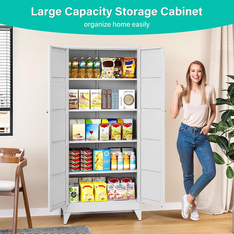 SISESOL Pantry Storages Cabinet with 2 Doors and 5 Shelves,Tall Storage Cabinet,Large Cupboard Closet,Metal Storage Cabinet for Home,Bathroom,Dining/Living Room (White, 71" H)
