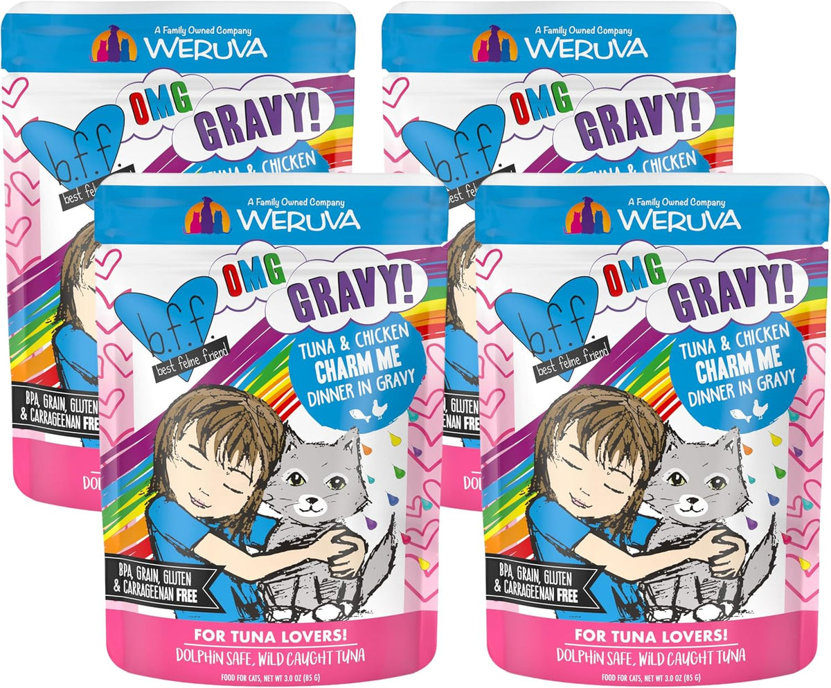 Weruva B.F.F. OMG - Best Feline Friend Oh My Gravy! Tuna & Chicken Charm Me with Tuna & Chicken in Gravy Cat Food, 3oz Pouch (Pack of 48)