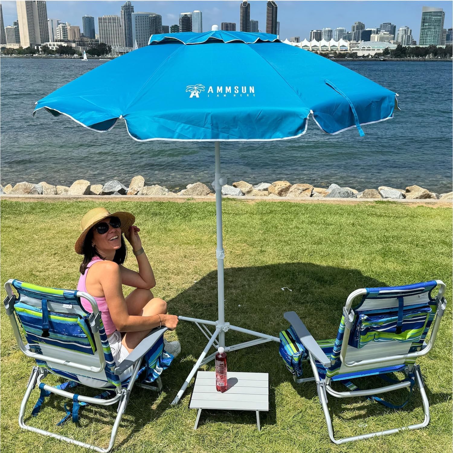 AMMSUN Shade Umbrella, Premium Portable Umbrella with Stand, 6.5ft Lightweight Free Standing Canopy for Sporting Games, Adjustable Instant Sun Protection and Easy to Carry, Light Blue