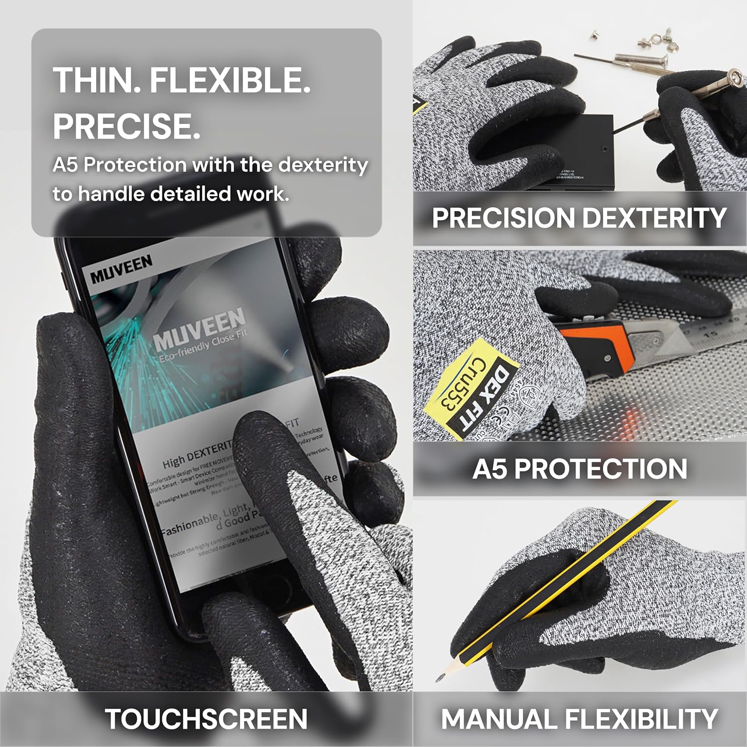 DEX FIT Level 5 Cut Resistant Gloves Cru553, 3D-Comfort Fit, Firm Grip, Thin & Lightweight, Touch-Screen Compatible, Durable, Breathable & Cool, Machine Washable; Grey L (9) 1 Pair
