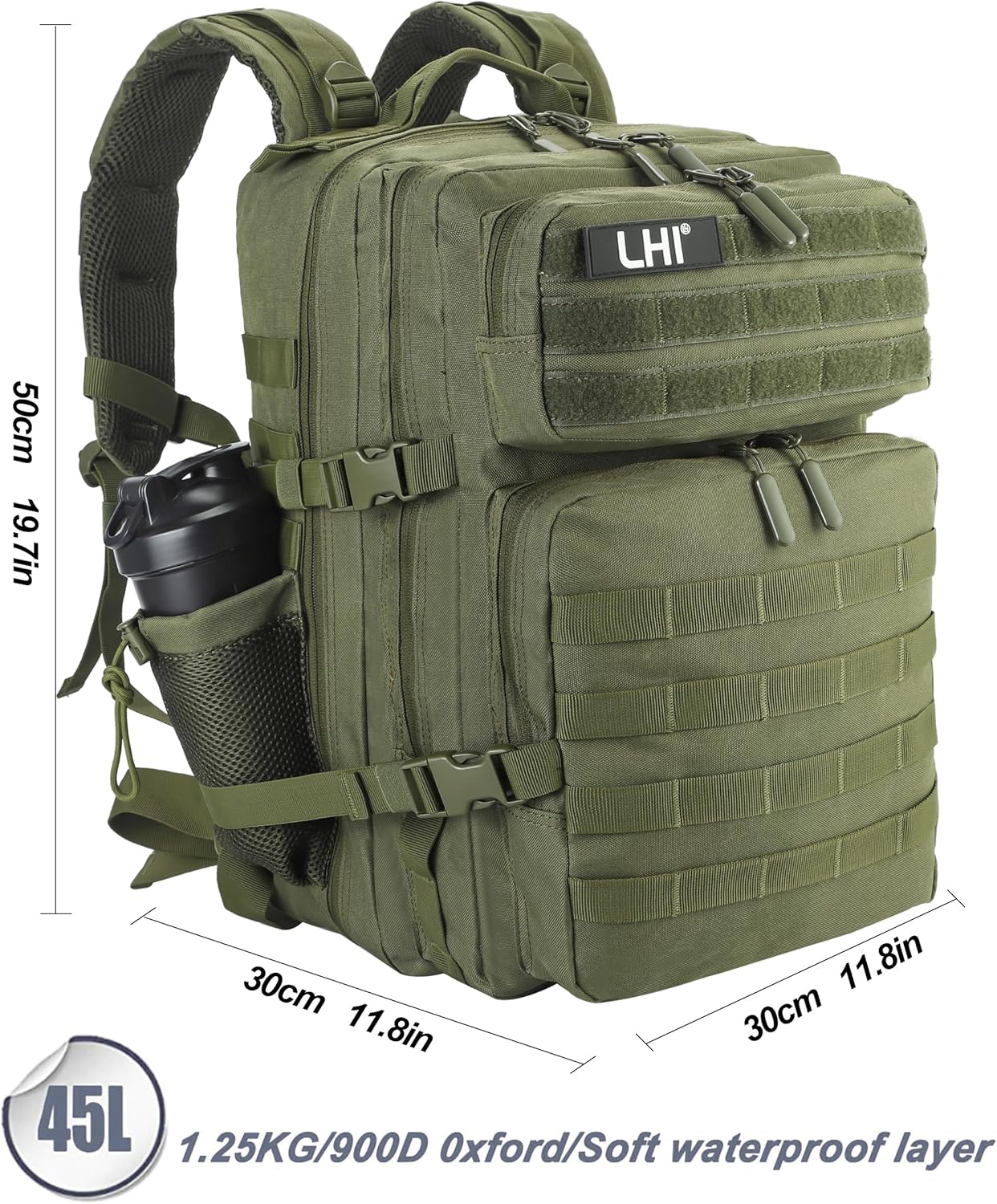 LHI Military Tactical Backpack for Men and Women 45L Army 3 Days Assault Pack Bag Large Rucksack with Molle System Army Green