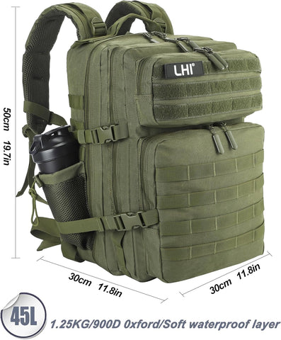 LHI Military Tactical Backpack for Men and Women 45L Army 3 Days Assault Pack Bag Large Rucksack with Molle System Army Green