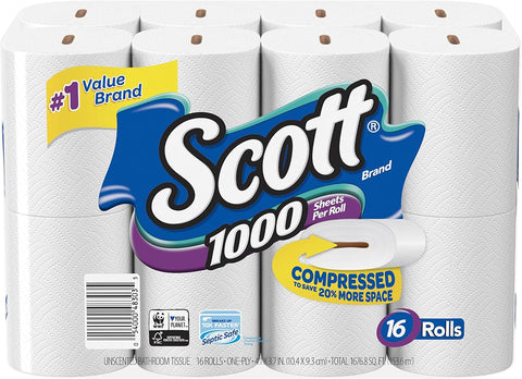 Scott 1000 Sheets Per Roll Toilet Paper, 27 Rolls, Bath Tissue