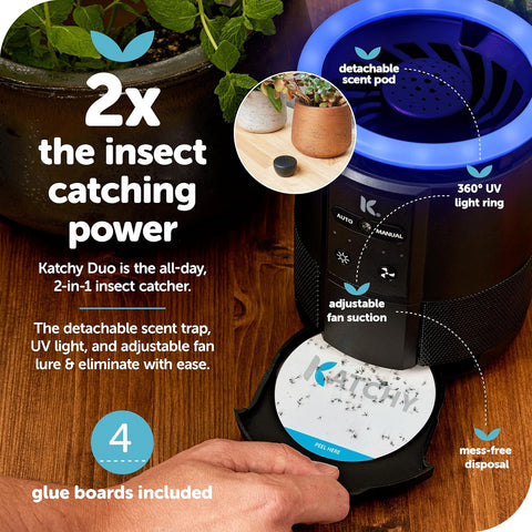 Katchy Duo – Indoor Flying Insect Trap with Scent Pod – Day & Night Effective – Mosquito, Fruit Fly, Gnat & Small Moth Catcher – Non-Zapper Trap with Blue UV Light & Fan Suction (Black)