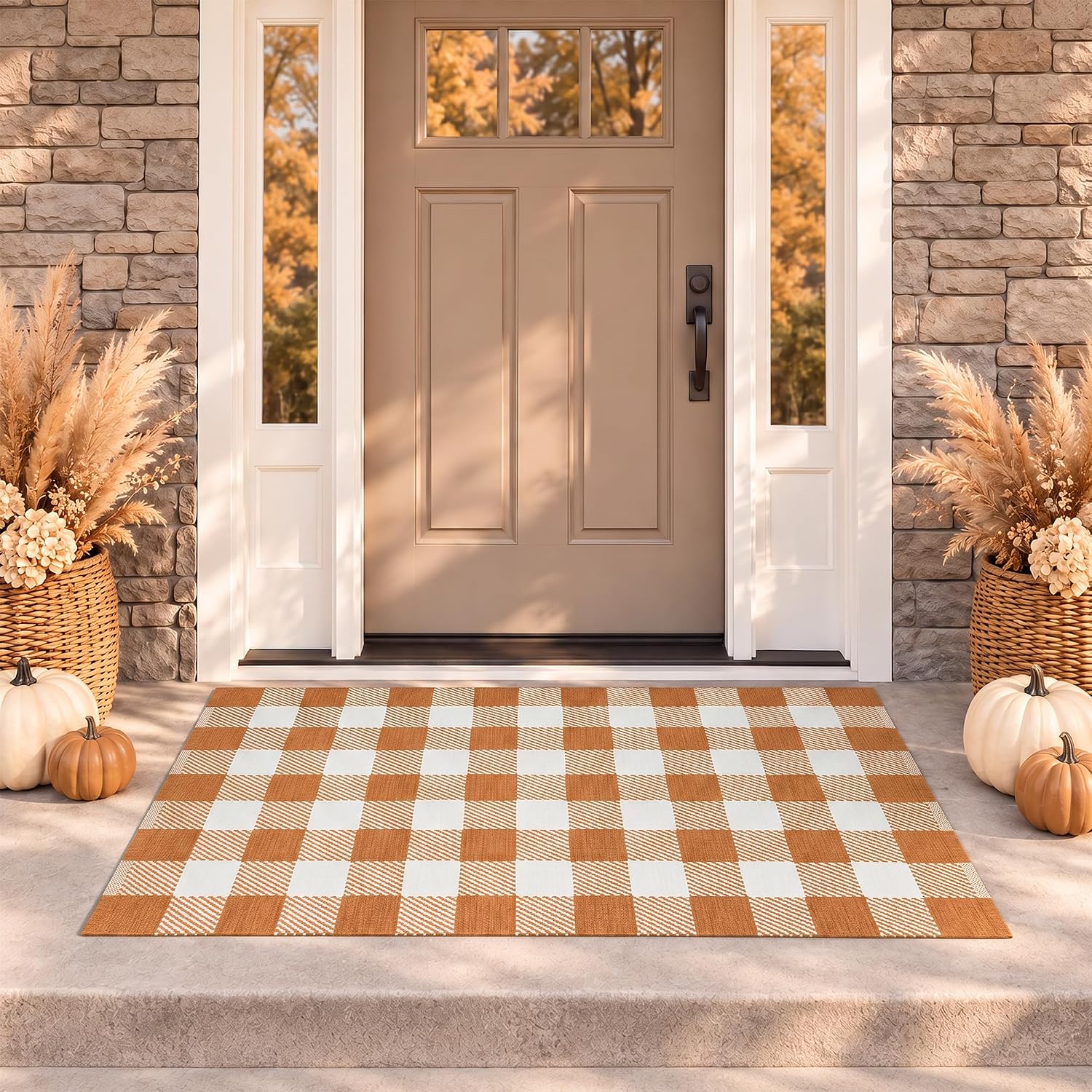 Fall Door Mat Caramel and White Buffalo Plaid Rug 3’x 5’, Washable Layering Rug for Front Door, Entryway, Porch, Farmhouse Decor