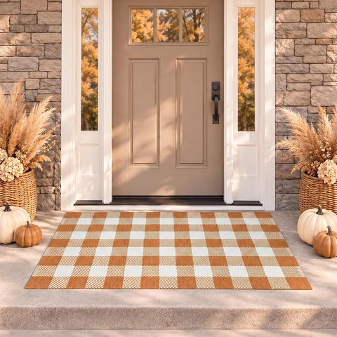 Fall Door Mat Caramel and White Buffalo Plaid Rug 3’x 5’, Washable Layering Rug for Front Door, Entryway, Porch, Farmhouse Decor
