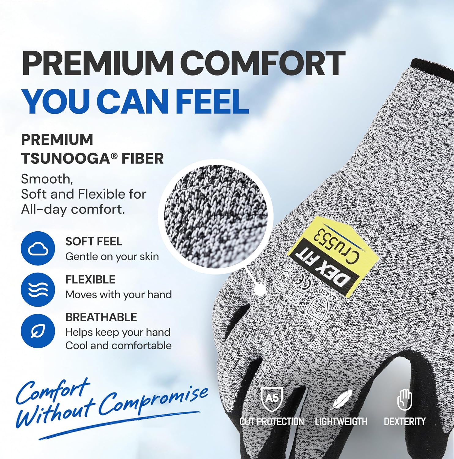 DEX FIT Level 5 Cut Resistant Gloves Cru553, 3D-Comfort Fit, Firm Grip, Thin & Lightweight, Touch-Screen Compatible, Durable, Breathable & Cool, Machine Washable; Grey L (9) 1 Pair