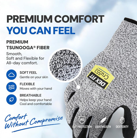 DEX FIT Level 5 Cut Resistant Gloves Cru553, 3D-Comfort Fit, Firm Grip, Thin & Lightweight, Touch-Screen Compatible, Durable, Breathable & Cool, Machine Washable; Grey L (9) 1 Pair