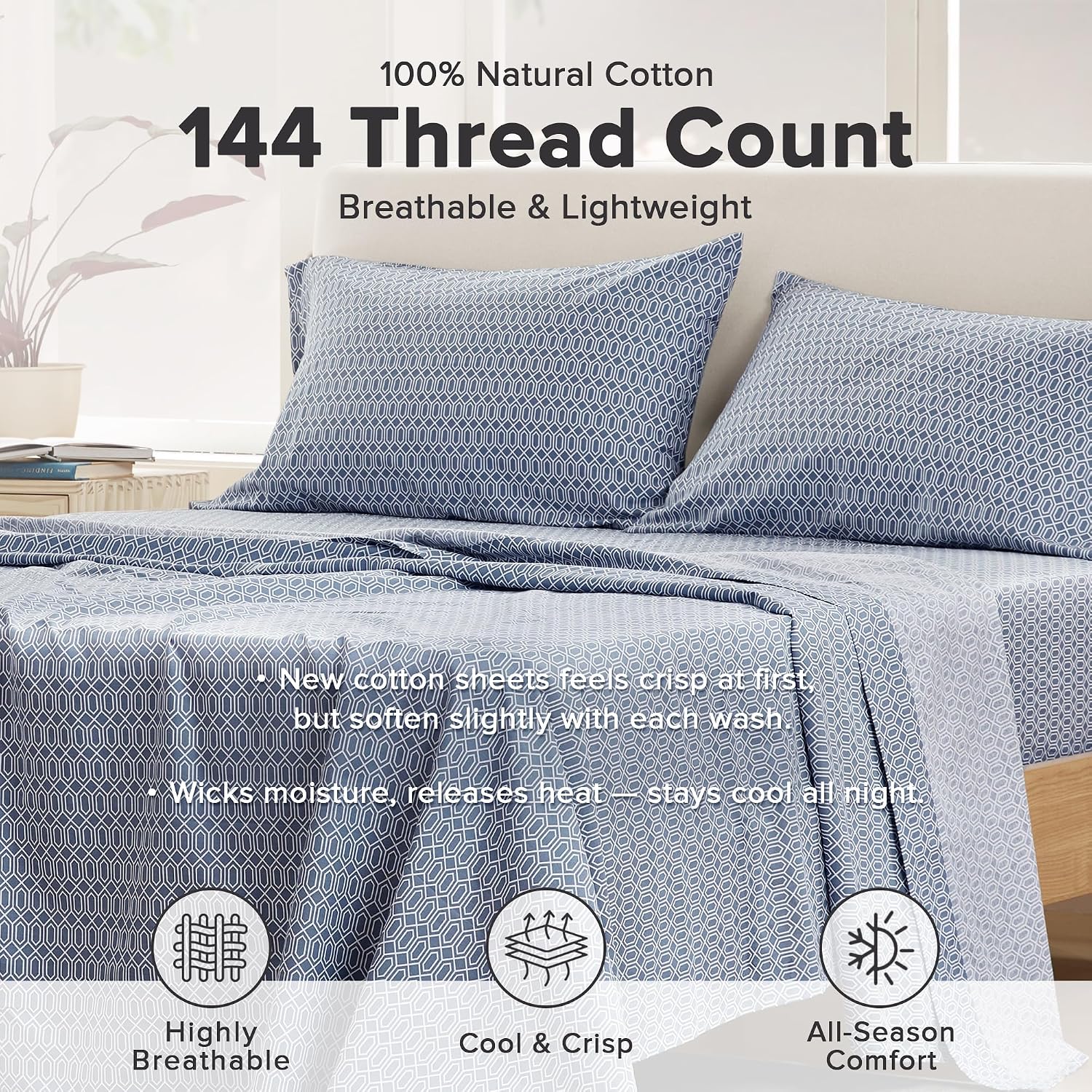 Comfort Spaces 100% Cotton Percale Sheets Twin Size 3 Piece, Diamond Blue