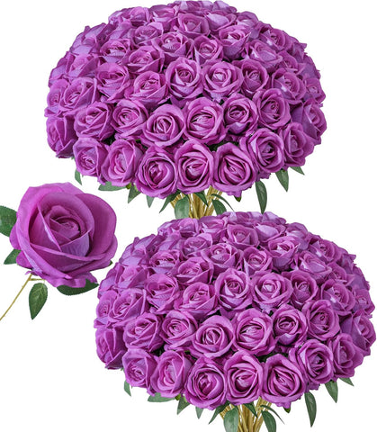 50 PCS Fuchsia Roses Artificial Flowers, Fake Roses with Stem Realistic Silk Roses for DIY Wedding Bouquets Table Centerpieces Arrangements Baby Shower Birthday Home Decor Valentine's Day Gift for Her