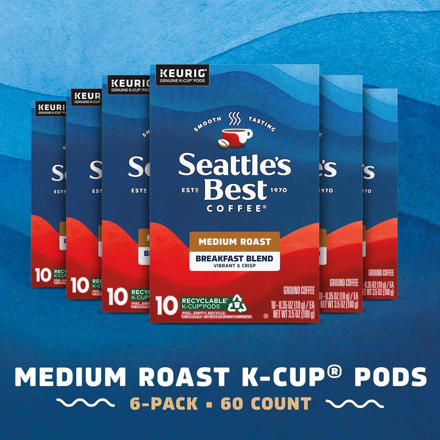 Seattle's Best Coffee K-Cup Pods Breakfast Blend Medium Roast, 6 Boxes 60 Pods | 100% Arabica K-Cup pods for Keurig brewers; Seattle's Best Coffee Breakfast Blend medium roast; 6 boxes, 60 pods total