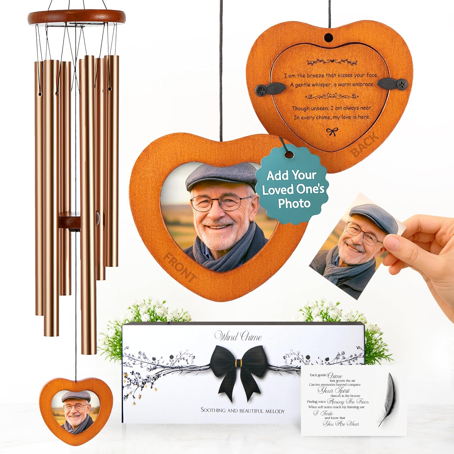32 inch Golden DIY Photo Insert Memorial Wind Chimes for Loss of Loved One