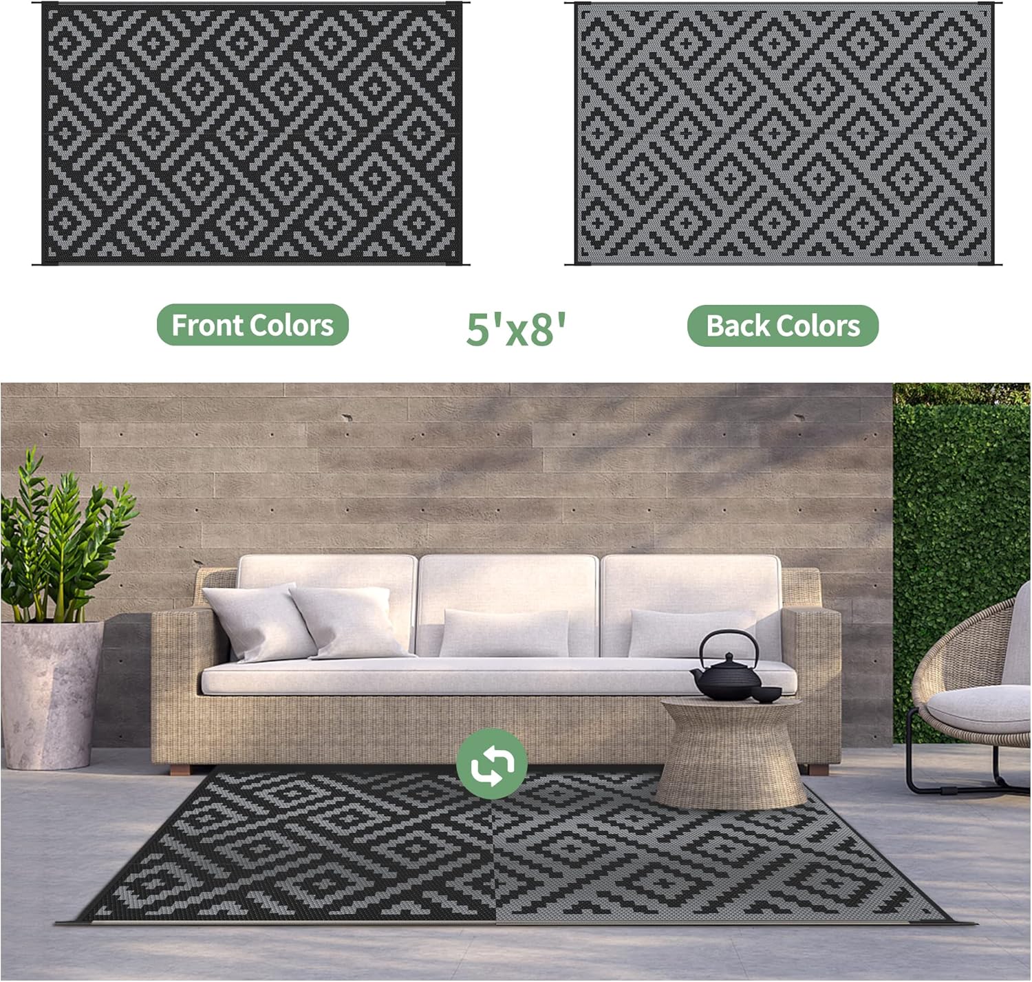 GENIMO Outdoor Rug, Waterproof Plastic Rugs for Patio, 5'x8' Black Grey