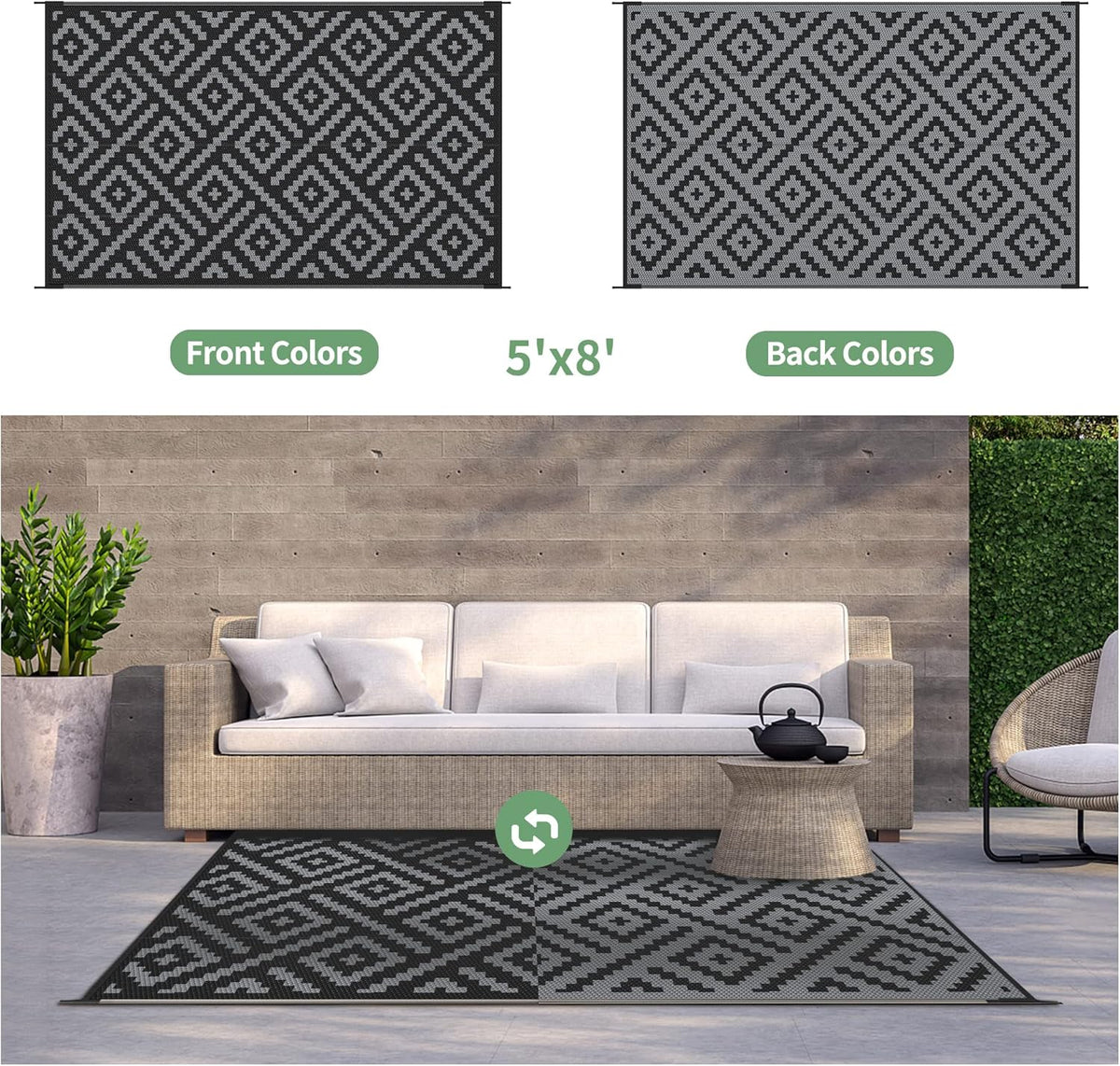 GENIMO Outdoor Rug, Waterproof Plastic Rugs for Patio, 5'x8' Black Grey