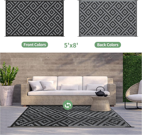 GENIMO Outdoor Rug, Waterproof Plastic Rugs for Patio, 5'x8' Black Grey