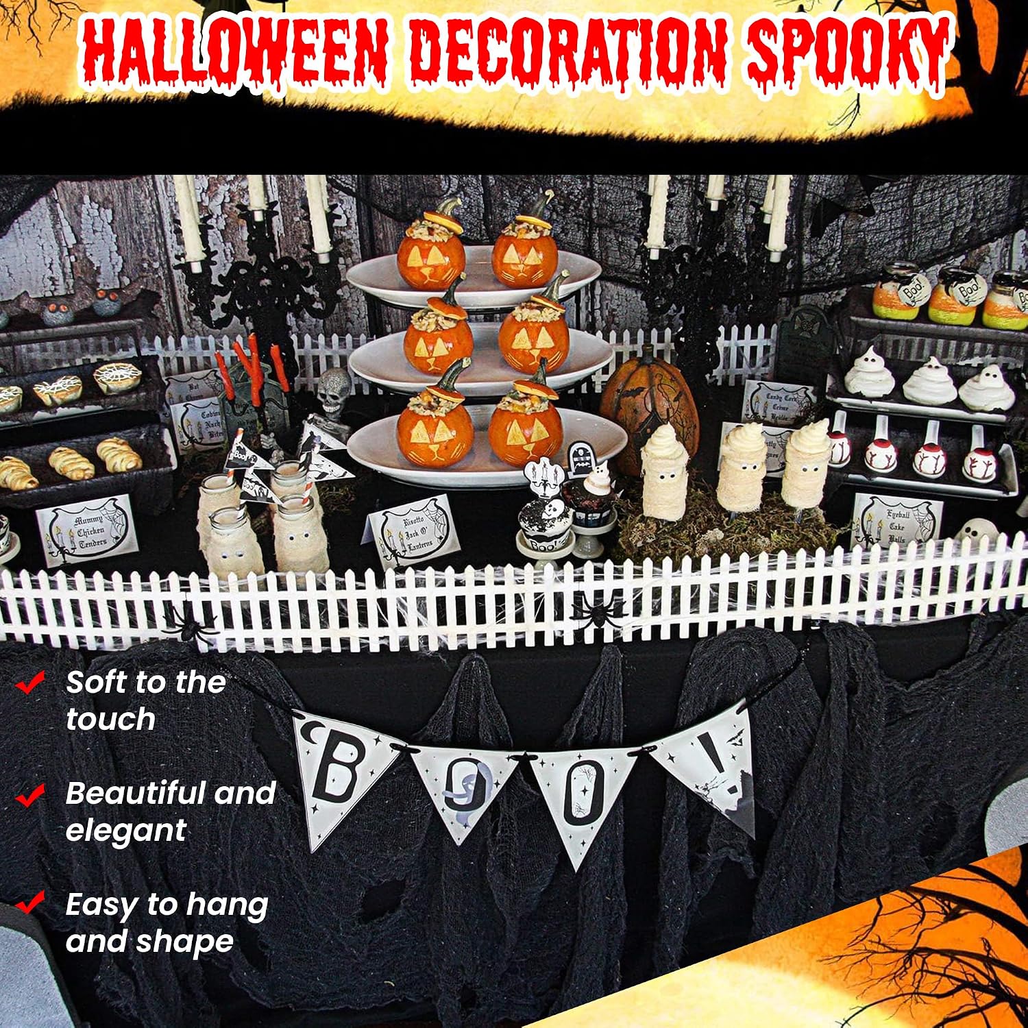 (48 x 240 in.) Halloween Creepy Cloth, Spooky Giant Cheese Cloth Tapestry for Halloween Party Supplies Decorations Outdoor Yard Home Wall Decor, Black