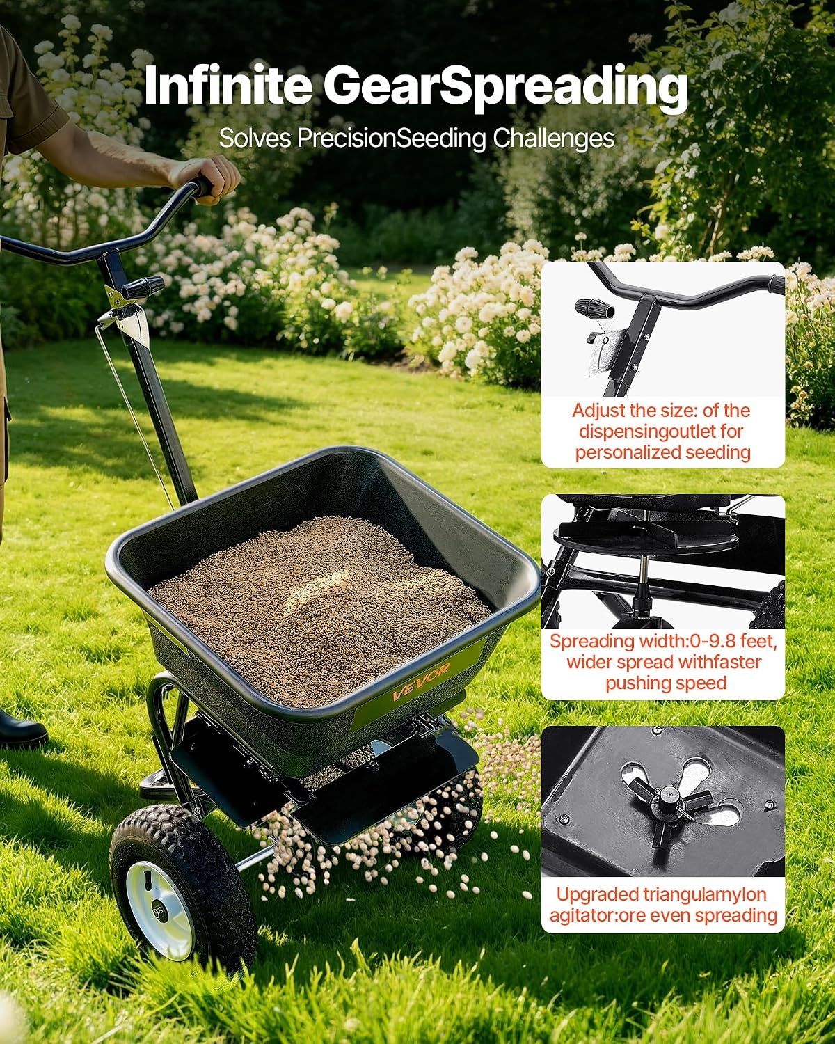 VEVOR Walk Behind Spreader 60 lbs Capacity Push Broadcast Spreader Black | for Lawn & Garden, 0-9.8 ft Spreading Width & 18 Adjustable Settings, 8 in All Terrain Pneumatic Tires for Seed, Fertilizer