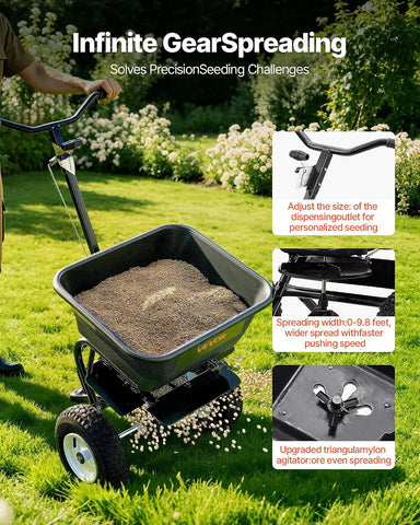 VEVOR Walk Behind Spreader 60 lbs Capacity Push Broadcast Spreader Black | for Lawn & Garden, 0-9.8 ft Spreading Width & 18 Adjustable Settings, 8 in All Terrain Pneumatic Tires for Seed, Fertilizer