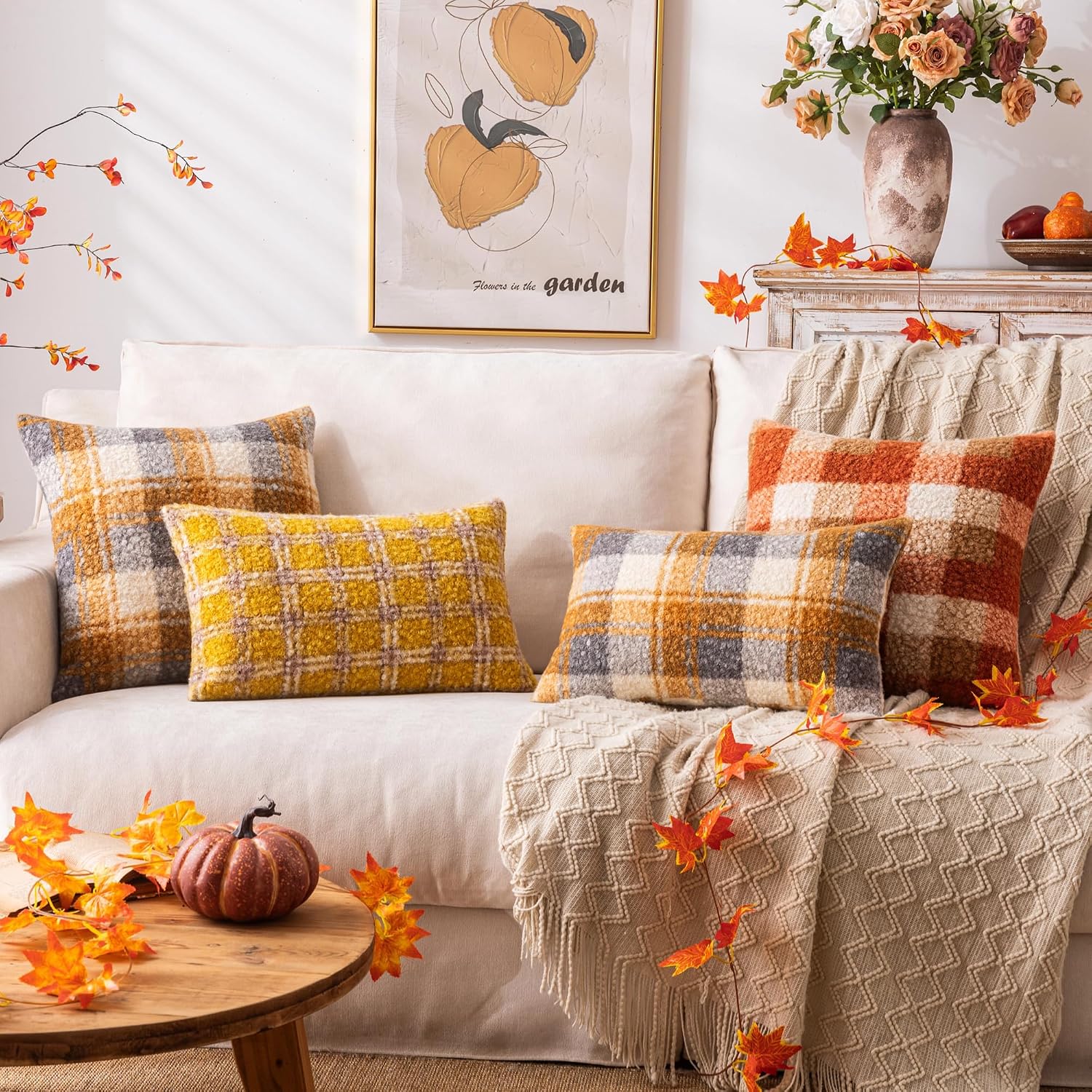 AQOTHES Plaid Fall Throw Pillow Covers Orange 24x24 Inch Set of 2