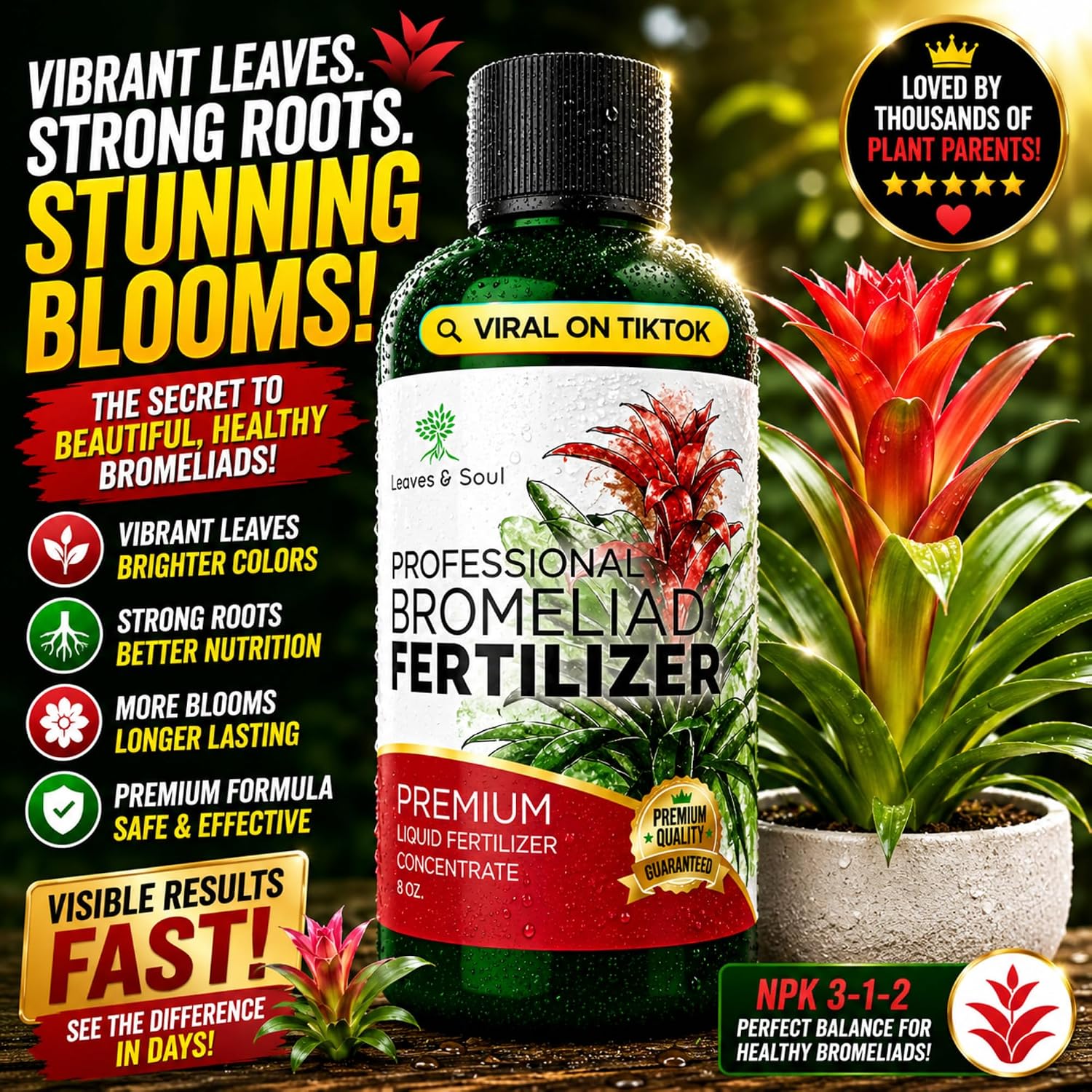 Professional Bromeliad Fertilizer Liquid 3-1-2 Concentrate 8 oz, Premium Bromeliad Plant Food for Indoor and Outdoor Plants, Liquid Bromeliad Plant Fertilizer Made in USA
