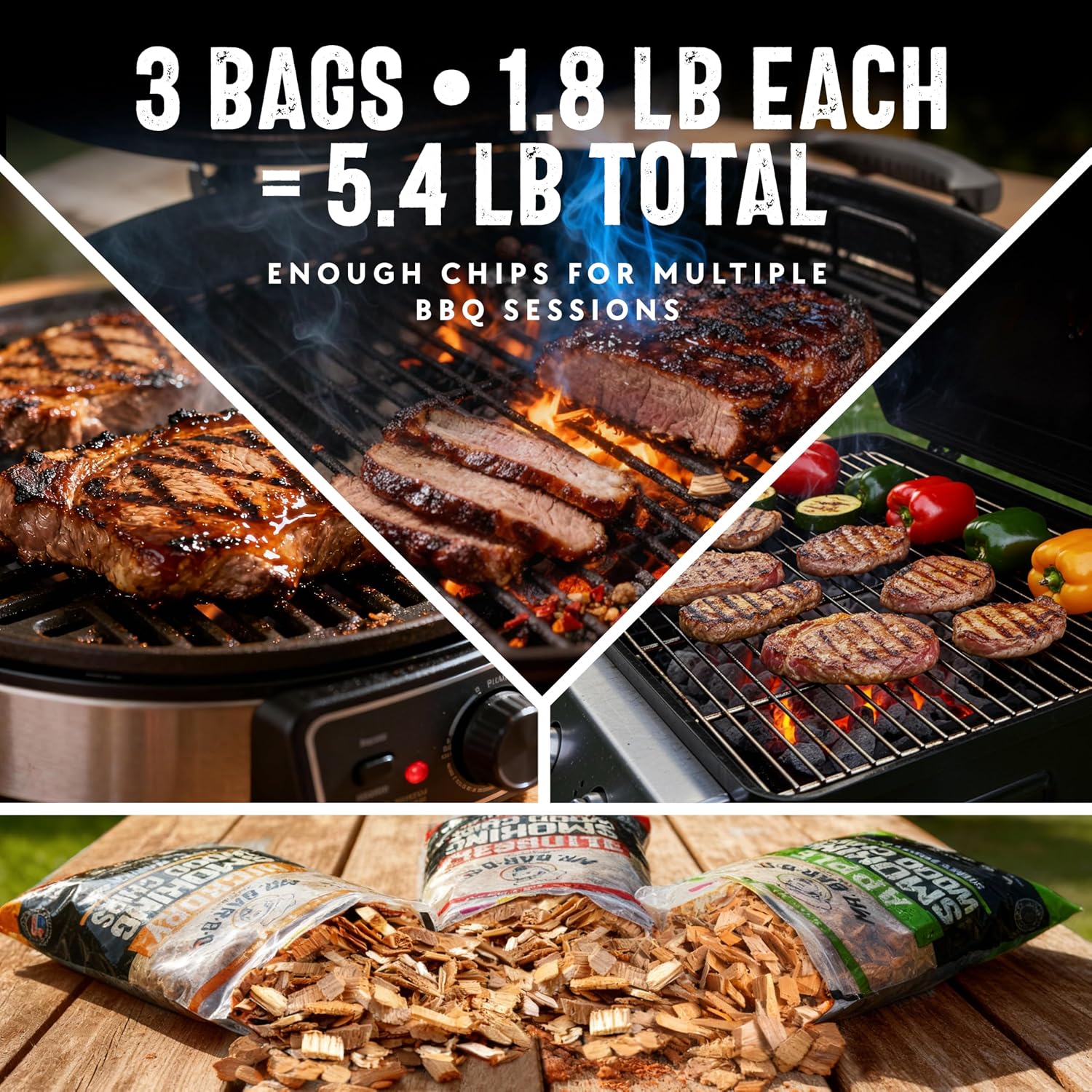Wood Smoker Chips Bundle of 3 Flavors - Apple, Mesquite & Hickory Wood Chips by Mr. Bar-B-Q, Can be Used on Gas & Charcoal Grill, Variety of Flavors for Smokers, Grilling, BBQ, Camping(3 x 1.8 Lb Bag)