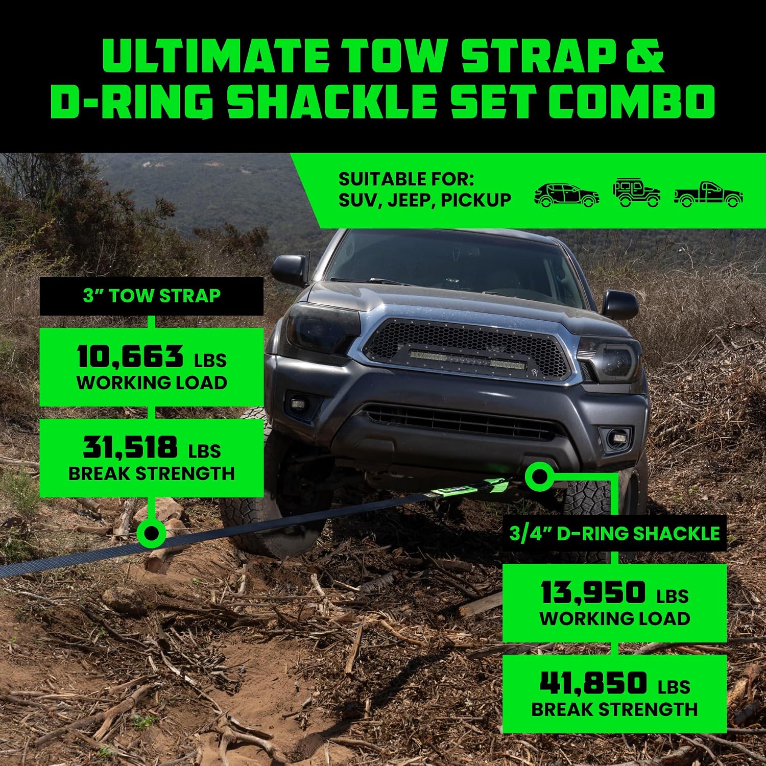Rhino USA Recovery Combo Kit - 30ft Tow Strap & D-Ring Shackles