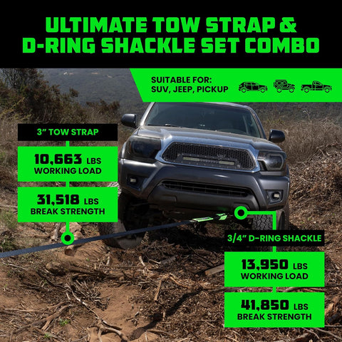 Rhino USA Recovery Combo Kit - 30ft Tow Strap & D-Ring Shackles