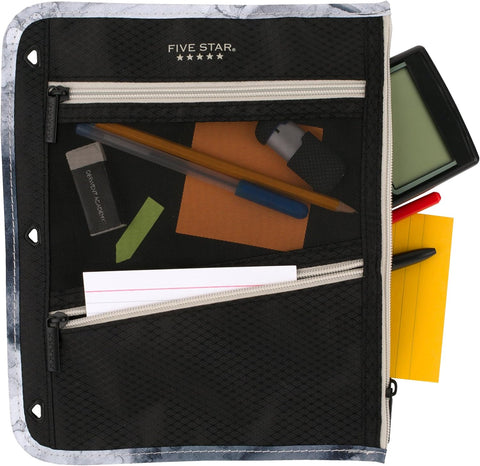 Five Star Pencil Pouch, Pen Case, 3-Pocket Zipper Pouch, Fits 3-Ring Binder, Storage Organizer for Classroom Supplies Earbuds Chargers Cables Makeup, Black/Grey (506420A-ECM)