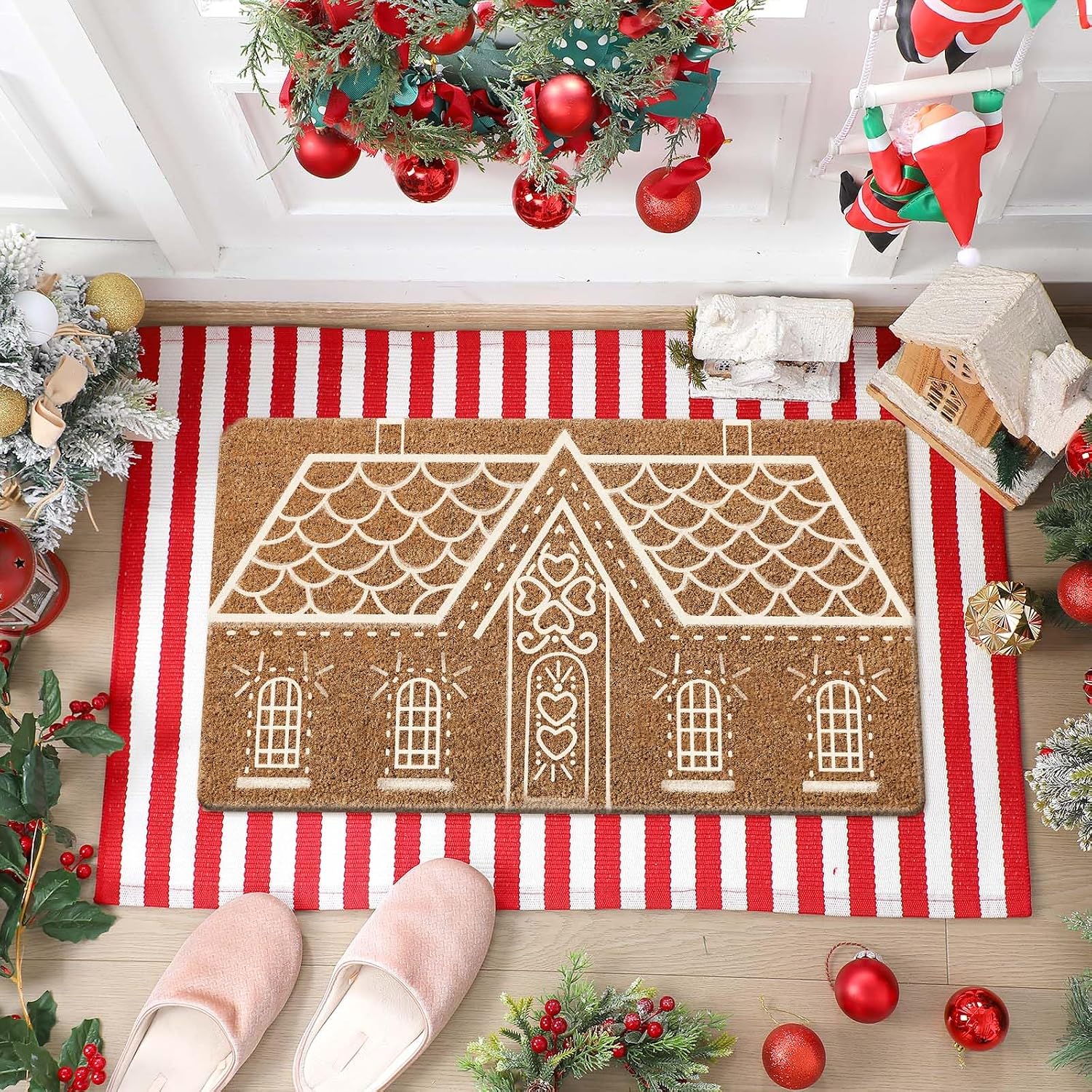 Duraaamo 2 Pcs Christmas Coir Doormat Outdoor, Gingerbread House, Non-Slip