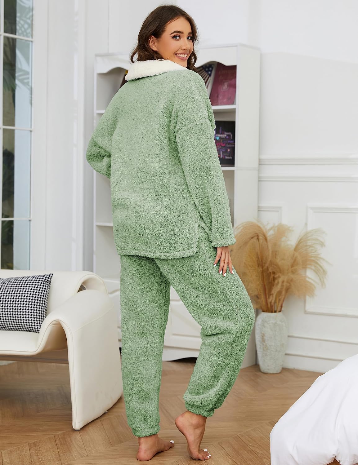 Tanming Womens Fluffy Pajamas Set Fleece Pullover Pants Plush Loungewear Sleepwear