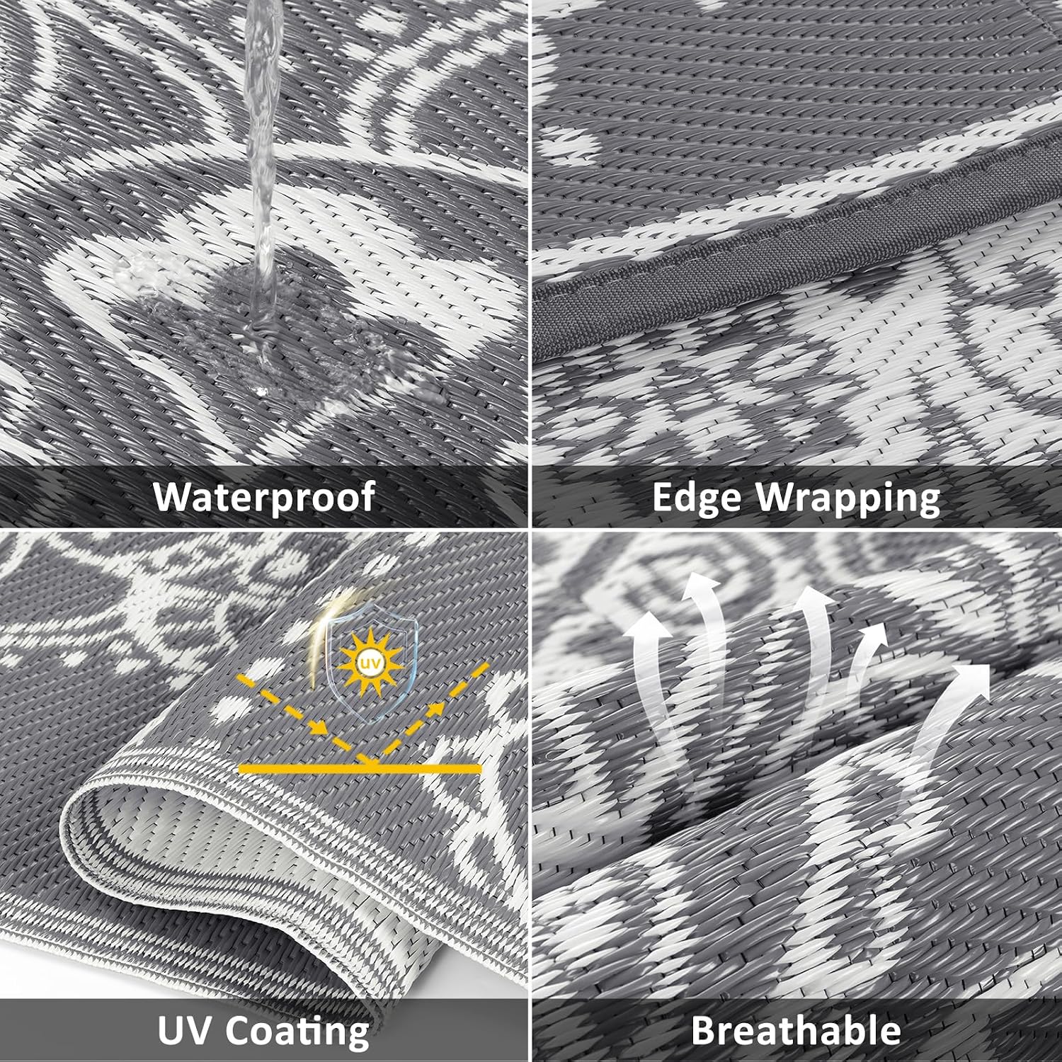 Pauwer Waterproof Outdoor Rug 6x9, Plastic Straw Patio Mat, Floral Grey