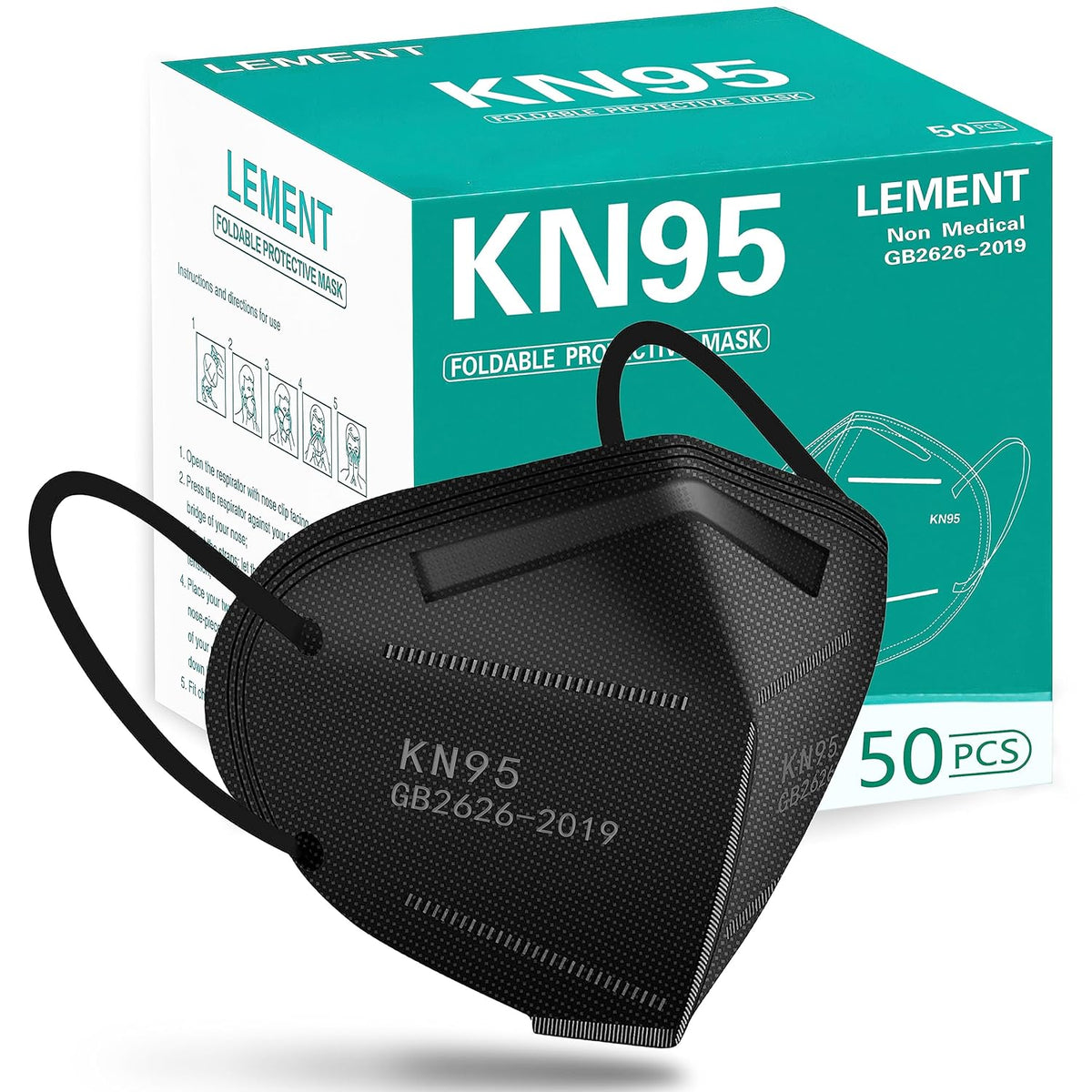 LEMENT 50pcs KN95 Face Mask Black 5-Layer Filter≥95% Cup Dust Safety Masks
