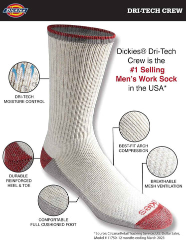 Dickies Men's Dri-tech Original Moisture Control Crew Socks, Available in M-xxl (6, 12, 18 Pairs)