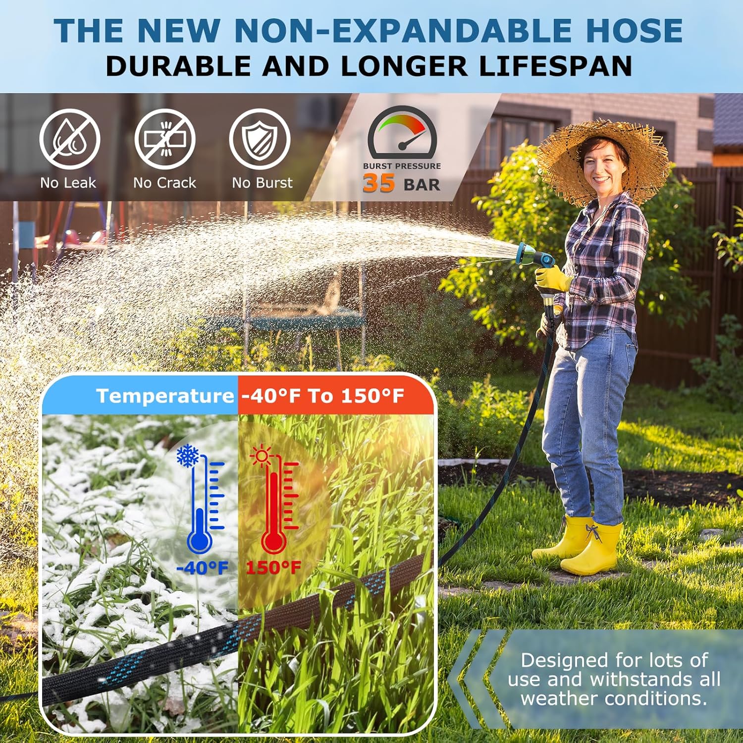 Non-Expanding Garden Hose 25 ft, Kink Free Flexible Water Hose with 10-Pattern Spray Nozzle, Lightweight Hose Pipe, Leak Proof, 3/4" Swivel Connectors, Super Fabric, Portable Storage Strap