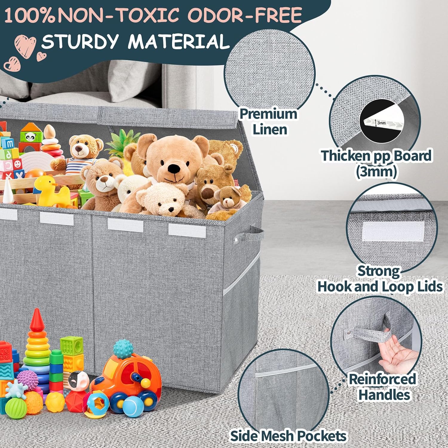 Extra Large Toy Box with Lids, Collapsible Storage Bin, 38"x16"x14",Gray