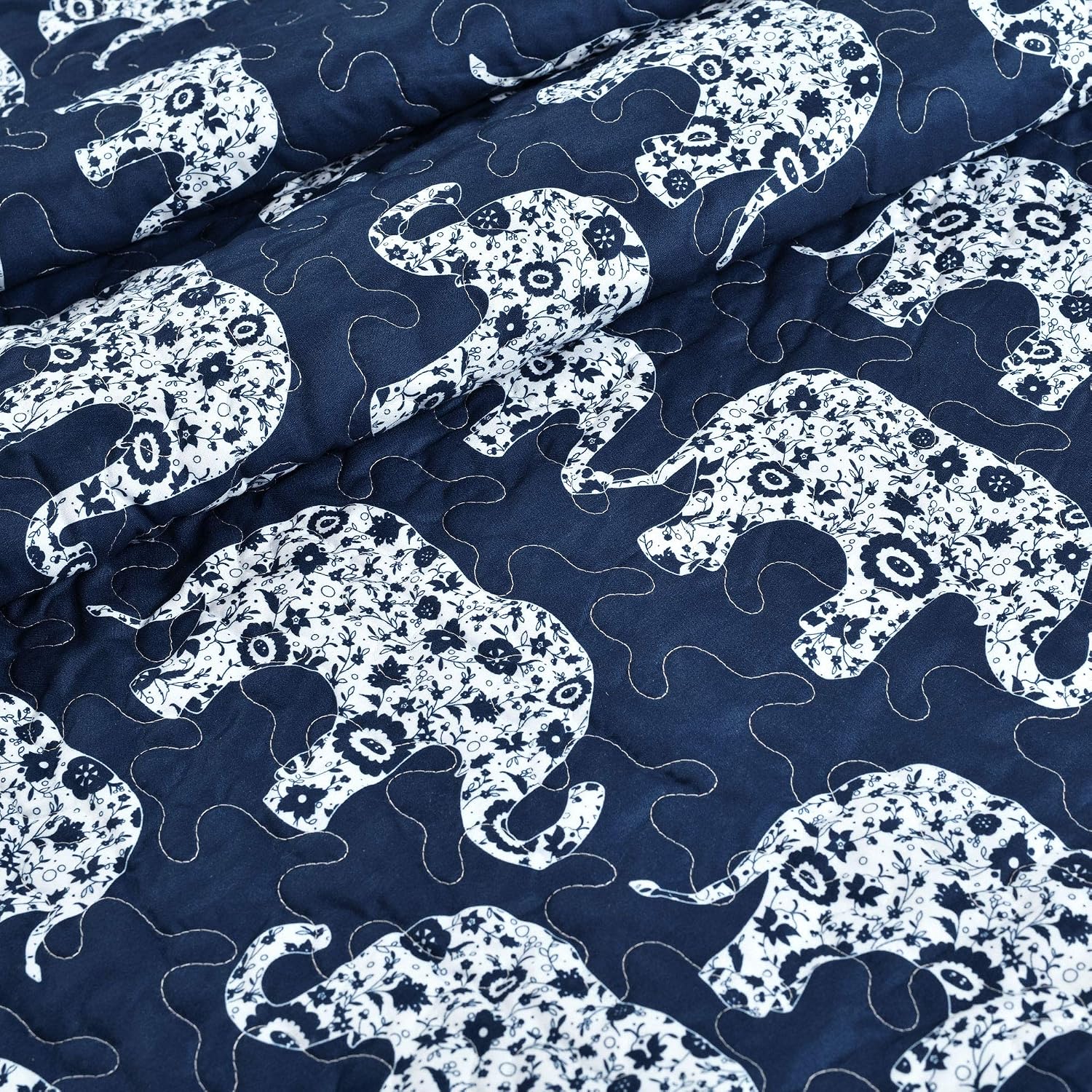 Lush Decor Navy Elephant Parade Throw Fuzzy Reversible Sherpa Blanket 60” x 50 White