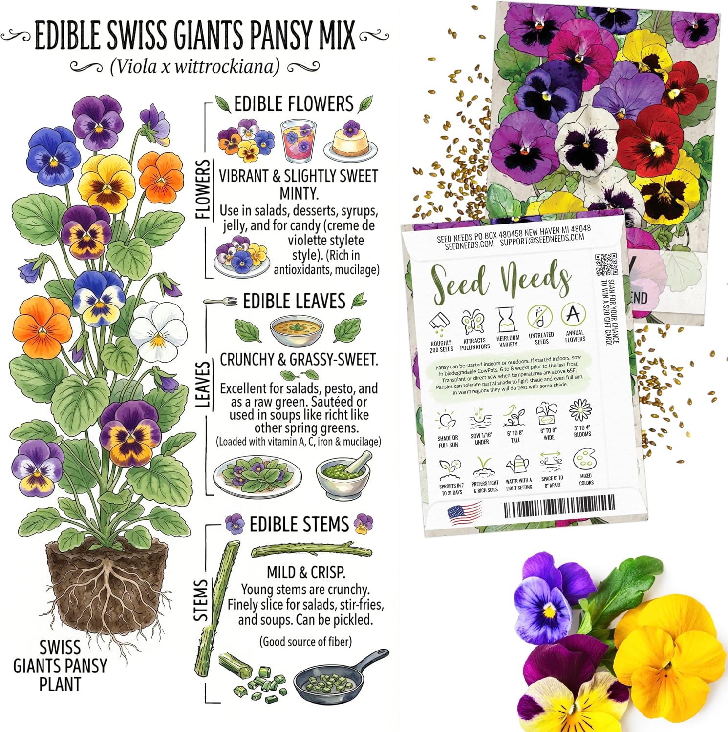 Seed Needs Edible Flower Seeds Variety Pack of 7 Wildflowers for Garnishing