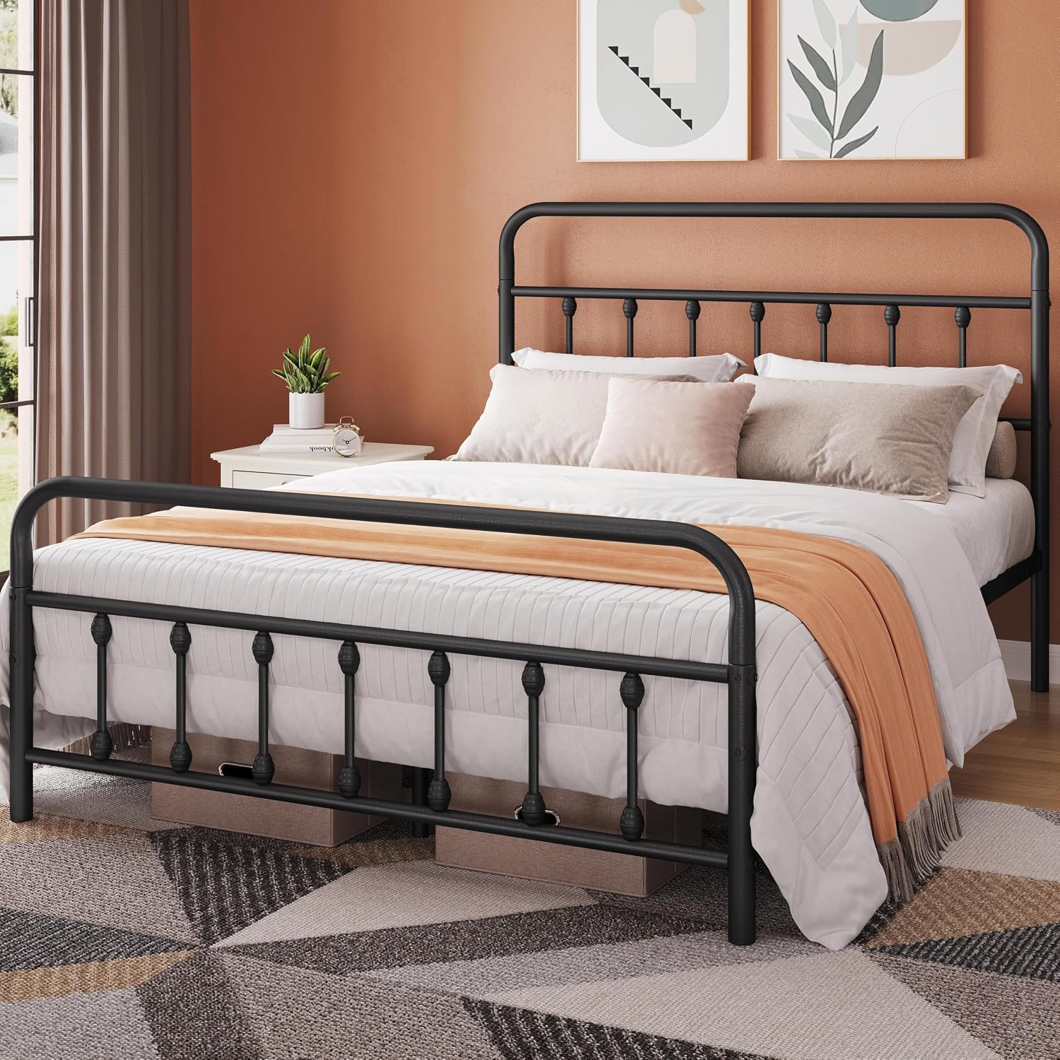 Topeakmart Queen Metal Bed Frame, Victorian Style Headboard, Black