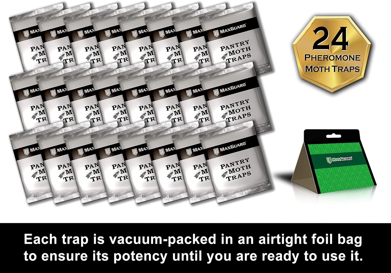 MaxGuard Pantry Moth Traps (24 Pack) with Extra Strength Pheromones | Non-Toxic Sticky Glue Trap for Food and Cupboard Moths in Your Kitchen | Trap and Kill Seed Grain Flour Meal Moths Pests |