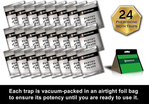 MaxGuard Pantry Moth Traps (24 Pack) with Extra Strength Pheromones | Non-Toxic Sticky Glue Trap for Food and Cupboard Moths in Your Kitchen | Trap and Kill Seed Grain Flour Meal Moths Pests |