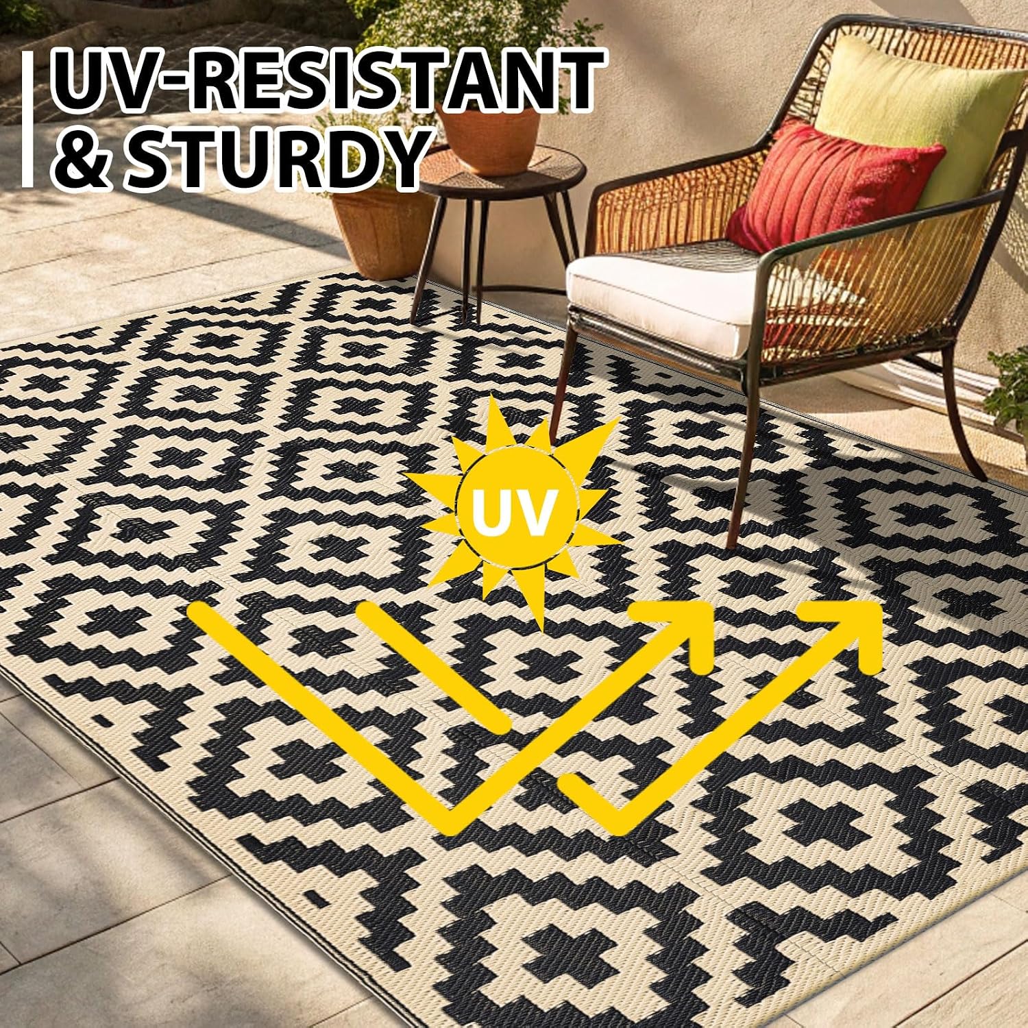 Smiry Outdoor Rug 5x8 ft Waterproof Reversible Boho Mat, Black & Beige