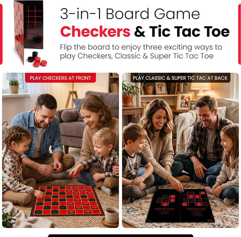Kangaroo - Multiplayers Strategy Checker Board Game for Kids & Adults - Portable Educational Travel Cardboard Checkers - Includes Large Board w/ 24 Checkers (12 Red and 12- Black) 15x15 Inches