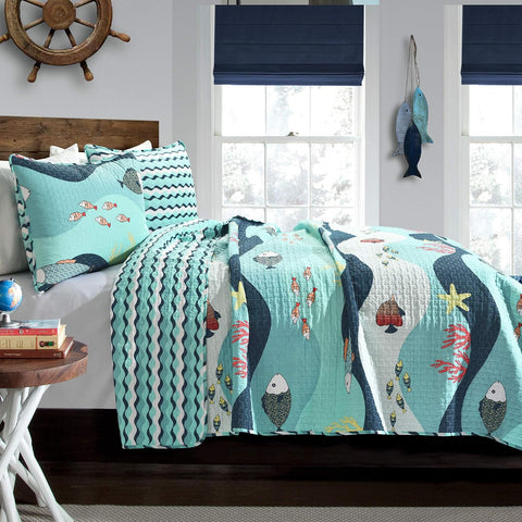 Lush Decor Sea Life Reversible Cotton Quilt Twin Size 3 Piece Set Blue - Kids Bedding Set Twin Quilt Blue - Coastal Bedroom Decor - Beach House