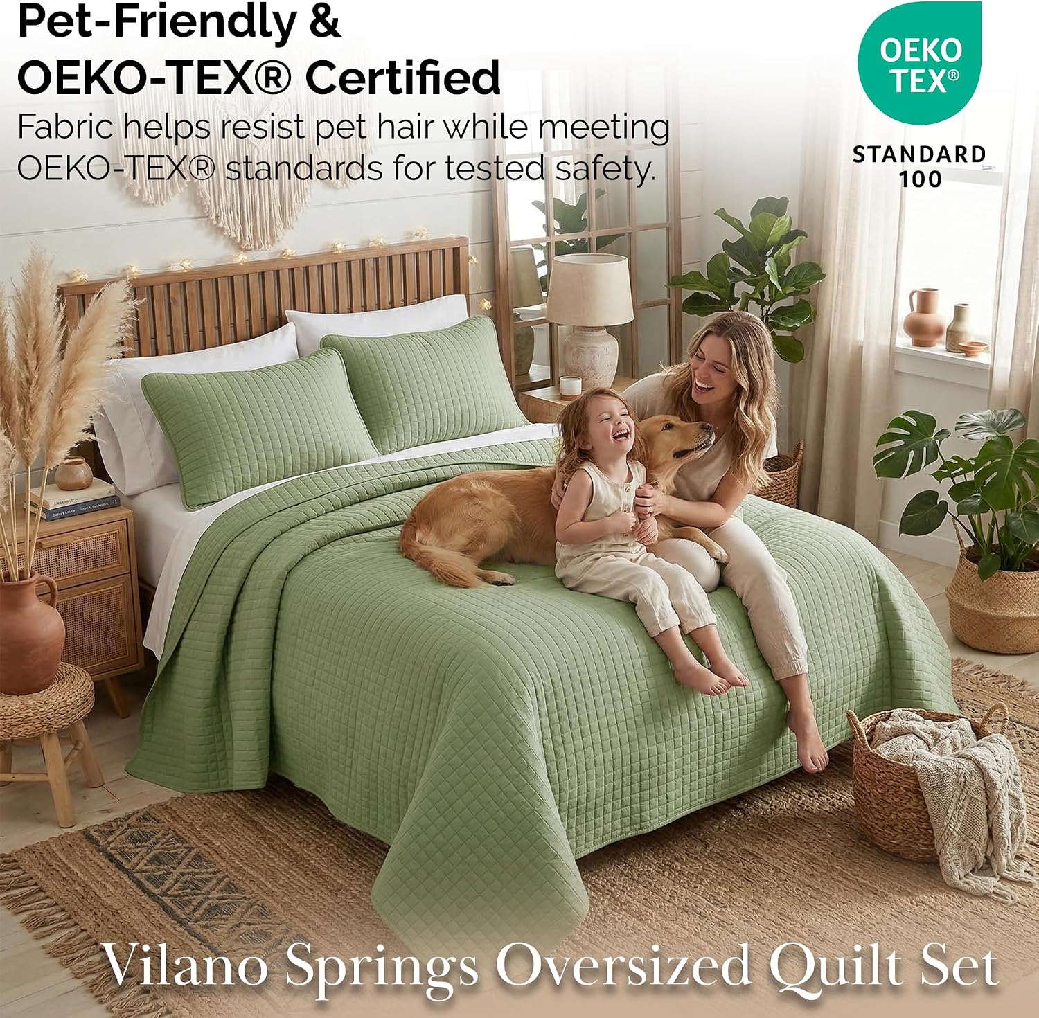 Southshore Fine Living, Inc. Oversized King Quilt Bedding Set, Pet Hair Resistant Bedding, Microfiber Lightweight Bedspread for Summer, Green Coverlet Set w/2 Pillow Shams, Sage Green Quilt King